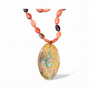 Handmade Painted Pendant Necklace with Red and Brown Beads